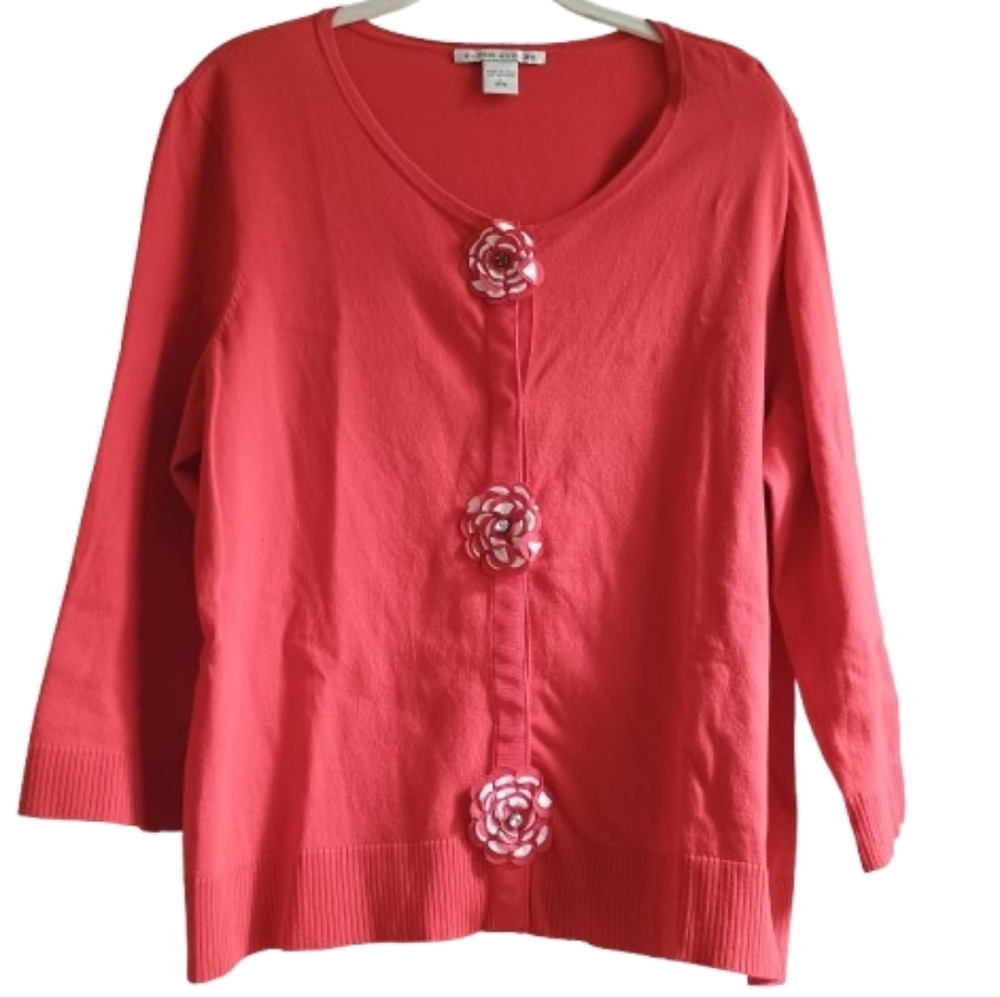 Peter Nygard Large Coral Red Cardigan Sweater Snap Floral Buttons Cotton Nylon